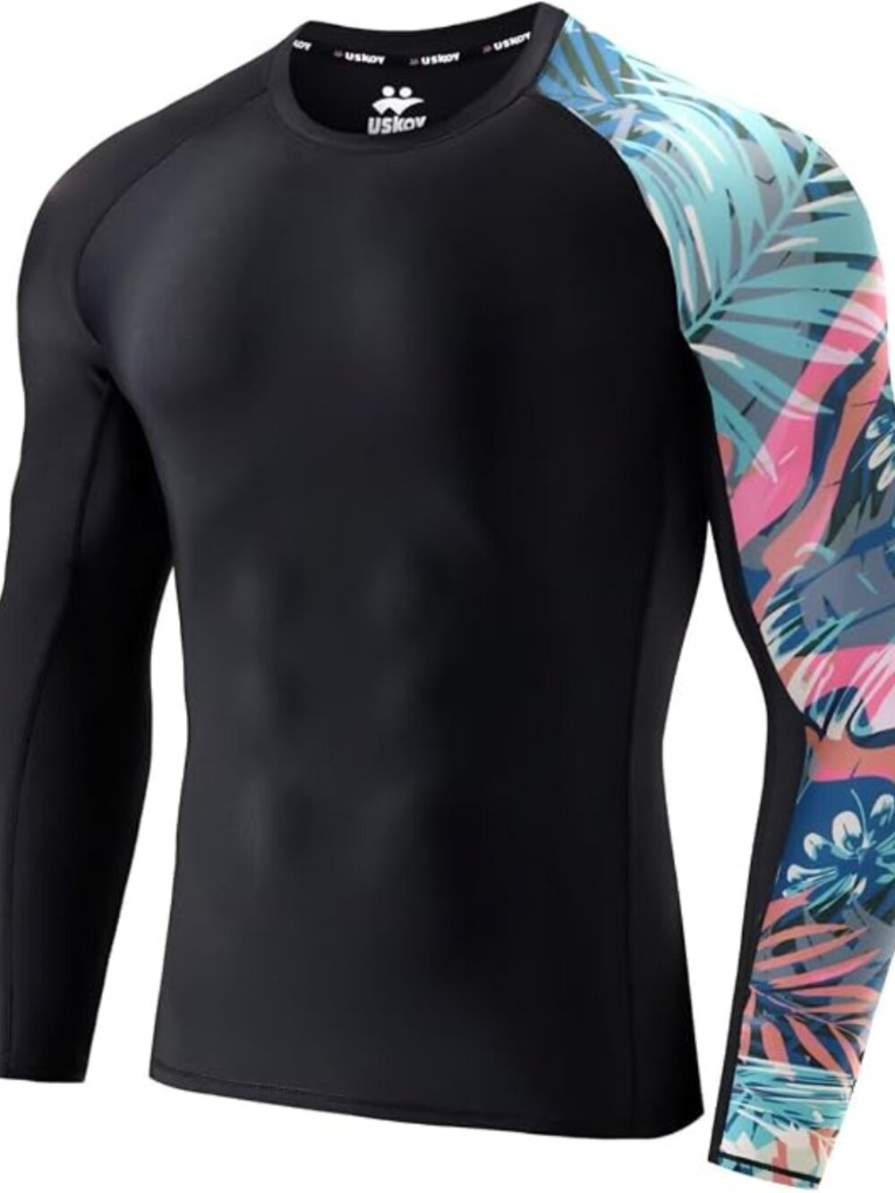 Men's Rash Guard Shirt 2XL UPF 50+ UV Protection Black Tropical Floral Print NEW